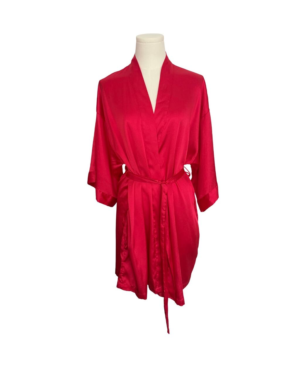 Victoria's Secret Red Satin Short Robe Tie Waist Kimono Sleeve Size S